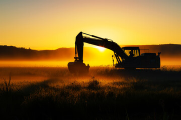 silhouette of excavator at sunrise on a misty meadow