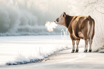 lone cow standing at the edge of an icecovered field, steaming breath - obrazy, fototapety, plakaty