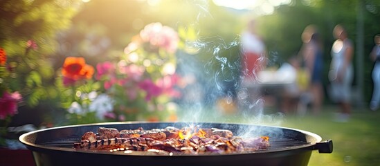Sizzling Grill Releases Fragrant Smoke at Summer Garden Barbecue Event - obrazy, fototapety, plakaty