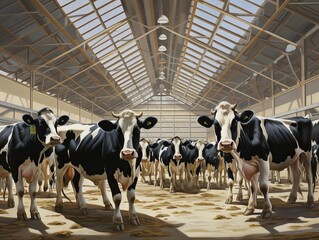 A herd of healthy dairy cows standing in a spacious and well-lit barn on a farmstead. The image showcases the importance of agriculture and animal husbandry in providing dairy products.