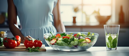 Vibrant Woman Preparing Fresh Vegetable Salad in Modern Kitchen Setting