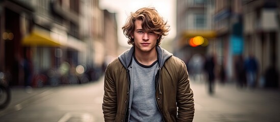 Obraz premium Contemplative Urban Young Man Sitting on City Pavement Reflecting on Life