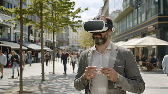 Young man in VR glasses on the streets of a modern city. Stepping into a virtual realm, this young man navigates the concrete jungle with his VR glasses, blending technology and reality seamlessly.