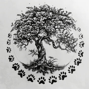 Eternal Cycle: The Tree of Life and Animal Spirits, tattoo design of a tree surrounded by animal prints. Paw print 