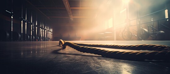 Dynamic Fitness Training: Battle Ropes Strewn Across Dimly Lit Gym Floor - obrazy, fototapety, plakaty