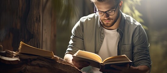 Enthusiastic man absorbed in reading a book at a cozy cafÃ© while sipping coffee