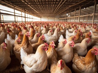Agricultural concept showing a spacious and well-lit barn containing an overabundance of chickens, exemplifying modern farming and animal husbandry practices in a rural setting. - obrazy, fototapety, plakaty