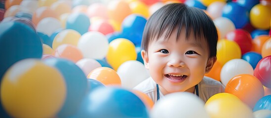 Fototapeta na wymiar Joyful Asian Toddler Engages in Colorful Ball Pit Fun at Indoor Playground