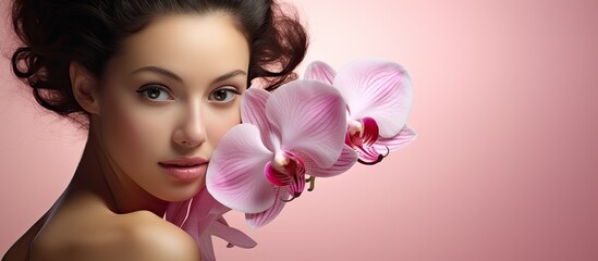 Graceful Woman Adorned with a Delicate Pink Orchid in Her Hair