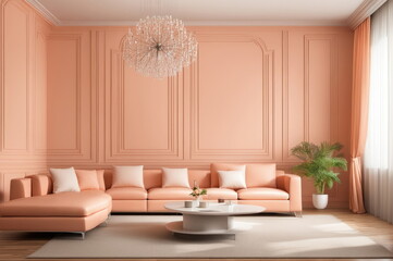 Chic Peach-Toned Living Room Interior with Elegant Furniture