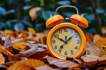 Vintage Orange Alarm Clock Amidst Autumn Leaves