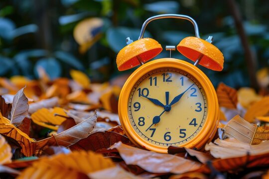 Vintage Orange Alarm Clock Amidst Autumn Leaves