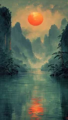 Photo sur Plexiglas Kaki Chinese painting landscape illustration. Asian traditional art. Classic vintage illustration