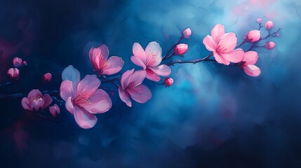 Beautiful pink sakura blossom on blue background with copy space