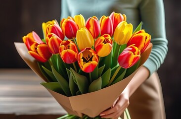 a bouquet of bright tulips in female hands in gift craft paper close-up. Happy Mother's Day, International Women's Day, Birthday, Valentine's Day. Spring.