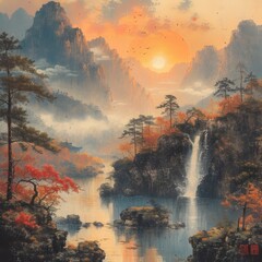 Chinese painting landscape illustration. Asian traditional art. Classic vintage illustration