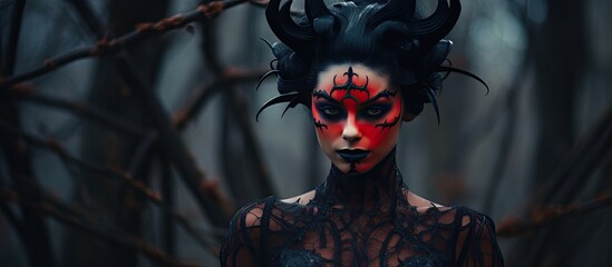 Mystical Woman Embracing Her Dark Side with Horns and Gothic Makeup in Enchanted Forest Setting