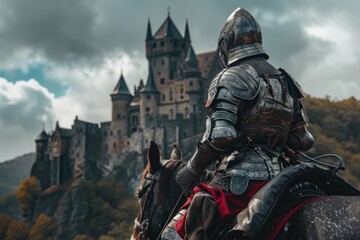 Knight in armor on horseback with castle in the background