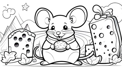 Outlined doodle anti-stress coloring book page cute mouse on the cheese. Coloring book page for adults and children.