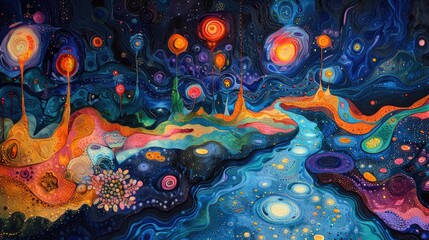 Cosmic Abstract Art with Vivid Celestial Bodies. Vivid abstract art depicting a cosmic scene with...