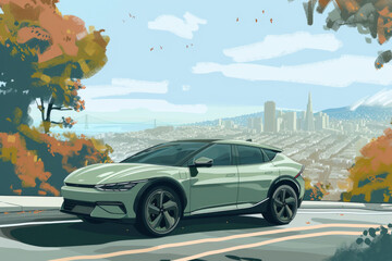 The electric car is seen on a scenic background in front of a city