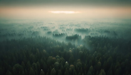 A dense forest under a blanket of smog and polluted air. - obrazy, fototapety, plakaty