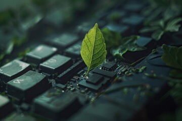 Green leaf sprouting from a computer processor on a keyboard