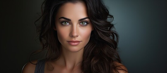 Fototapeta premium Mesmerizing Brunette with Enchanting Green Eyes and Flowing Long Hair in Studio Portrait