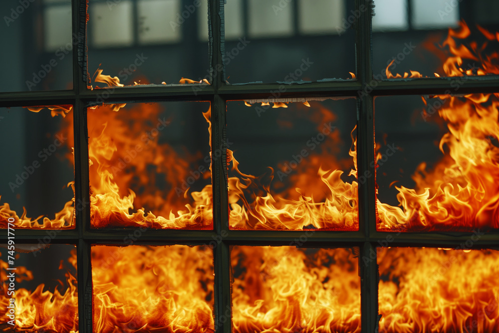 Poster closeup of flames consuming factory windows