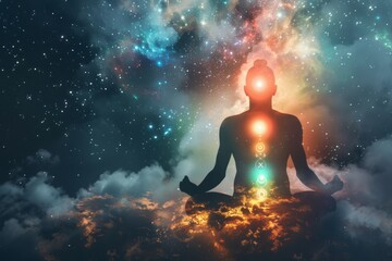 Meditating figure with illuminated chakras and cosmic background - obrazy, fototapety, plakaty