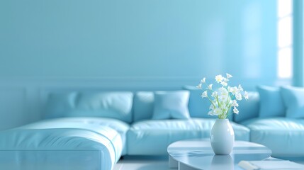 Modern blue living room design with sofa and furniture. Blurred bright living room with sofa and flowers. wide panorama, use for background. digital ai 
