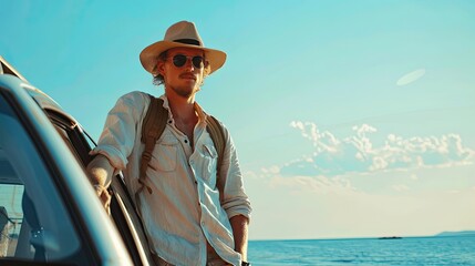 Travel banner. Young man traveler in a hat standing near his car during summer holiday on the sea. Road trip on vacation. 