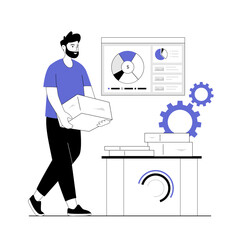 Financial data analysis, analytics concept. Working with data. A man with a stack of documents on the desk. Vector illustration with line people for web design.