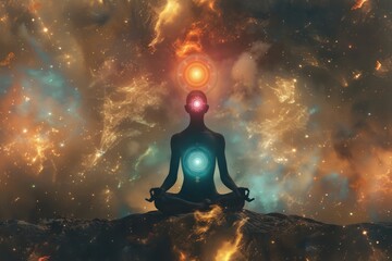 Meditating figure with illuminated chakras and cosmic background