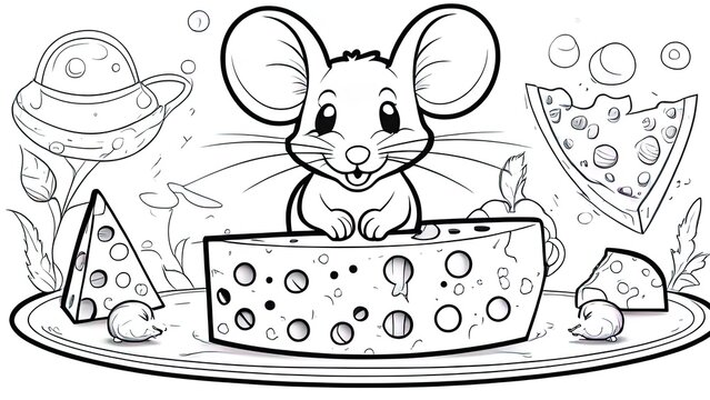 Outlined doodle anti-stress coloring book page cute mouse on the cheese. Coloring book page for adults and children.