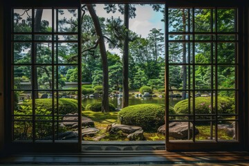 View of a Japanese garden through a large window