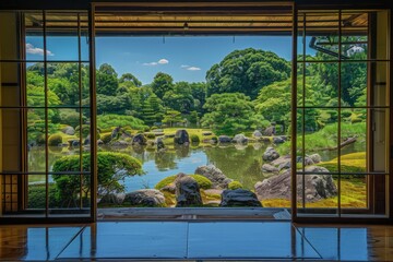 View of a Japanese garden through a large window