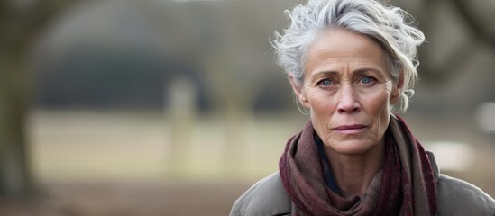 Emotional portrait of elderly lady with grey hair and scarf in a worried expression outdoors - obrazy, fototapety, plakaty
