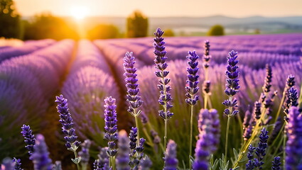Lavender flowers at the golden hour, with the sun's rays filtering through.