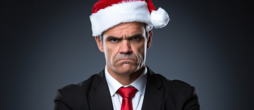 Frowning Businessman in Santa Hat and Suit Expressing Holiday Displeasure