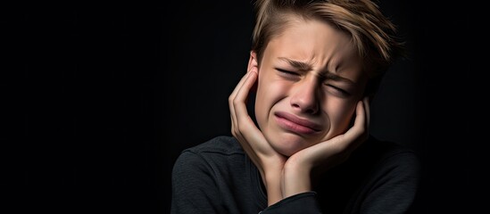 Fototapeta premium Young Boy Experiencing Dental Pain, Holding Face in Discomfort and Sadness