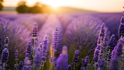 Lavender flowers at the golden hour, with the sun's rays filtering through.