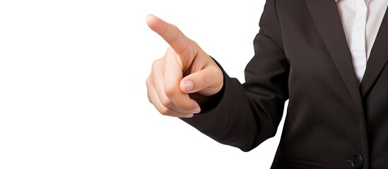 Confident Businesswoman in Suit Pointing with Index Finger in Determined Gesture