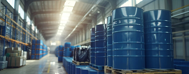 Blue barrel drum on the pallets containing liquid. - obrazy, fototapety, plakaty