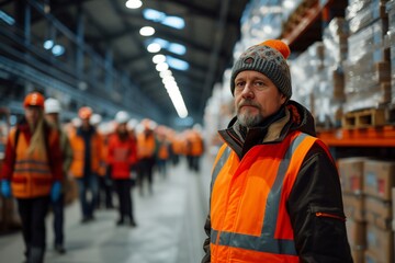 Middle-aged man with a beard wearing a high-visibility vest and a warm hat standing in a busy warehouse setting - obrazy, fototapety, plakaty