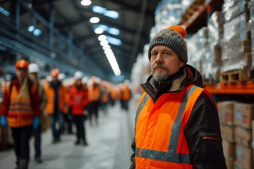 Muurstickers Middle-aged man with a beard wearing a high-visibility vest and a warm hat standing in a busy warehouse setting © Vladan