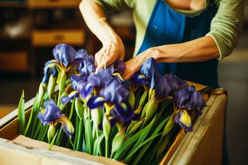 Fotobehang smiling individual packing iris flowers into a suitcase © Natalia