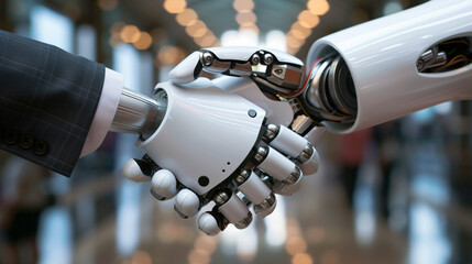 Business handshake between robot and human partner.
