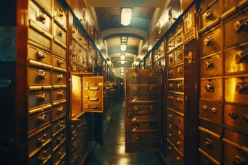 Vintage bank vault with open deposit boxes.