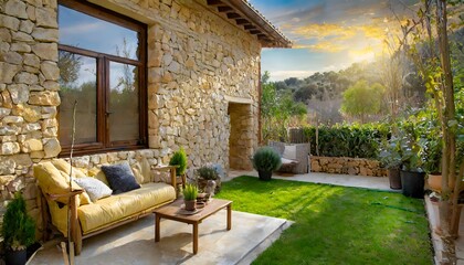 A beautiful window in the stone wall of a country house. In front: a lovely small garden with a sofa and a coffee table. - obrazy, fototapety, plakaty